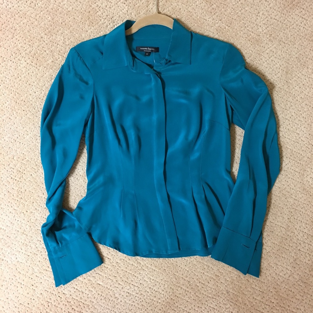 NWT Nanette Lepore. Teal blue silk button-up.